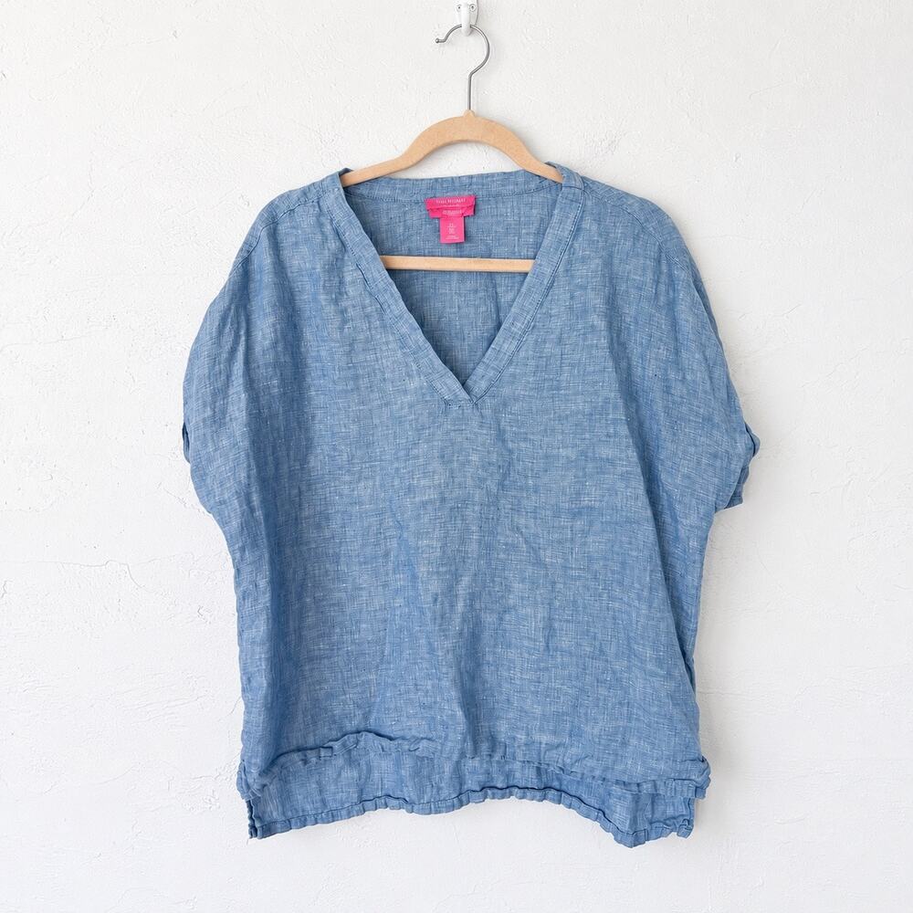 Isaac Mizrahi Blue Linen V-Neck Top L Coastal Grandma